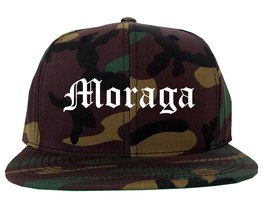 Moraga California CA Old English Mens Snapback Hat Army Camo