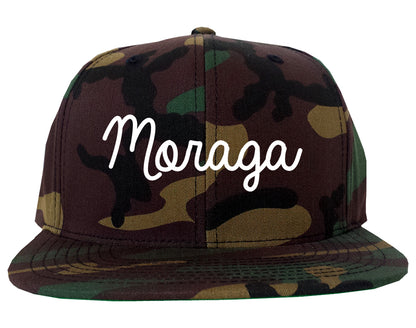 Moraga California CA Script Mens Snapback Hat Army Camo