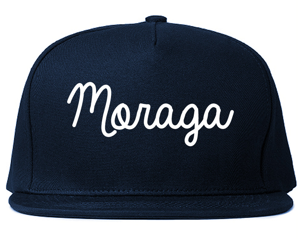 Moraga California CA Script Mens Snapback Hat Navy Blue