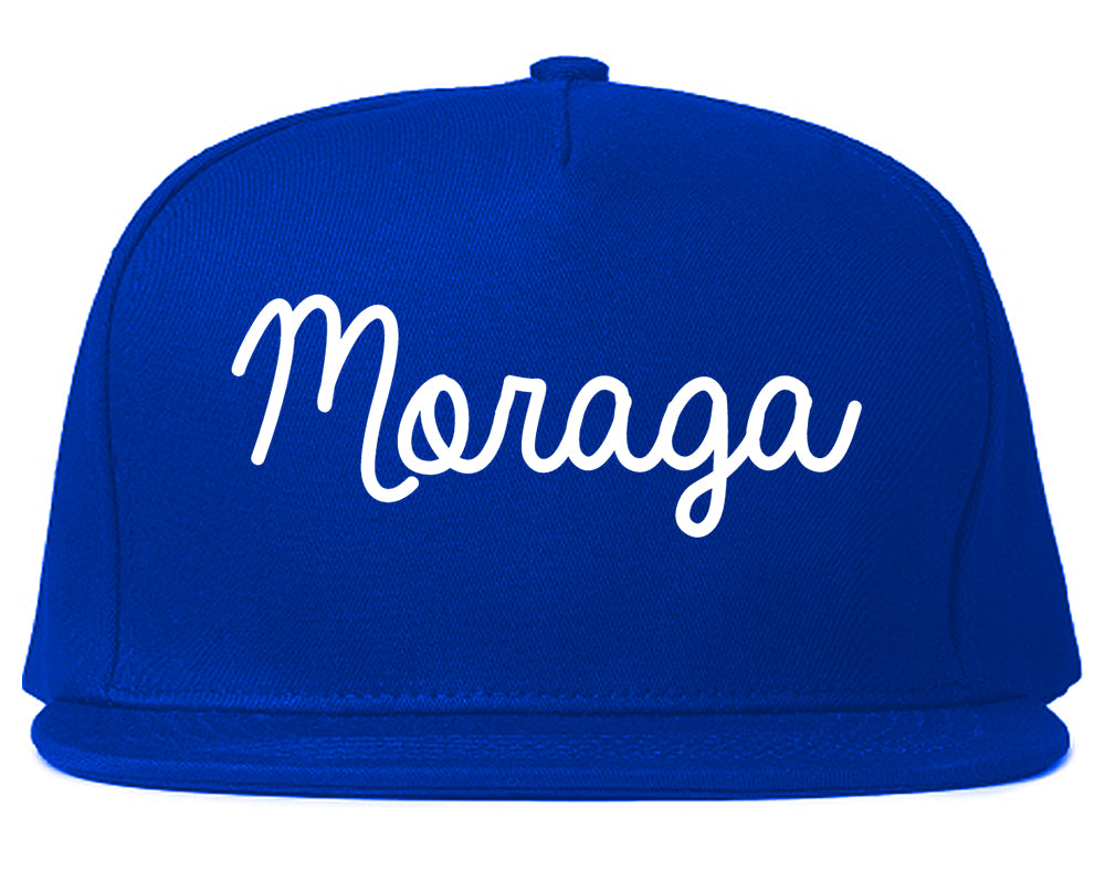 Moraga California CA Script Mens Snapback Hat Royal Blue