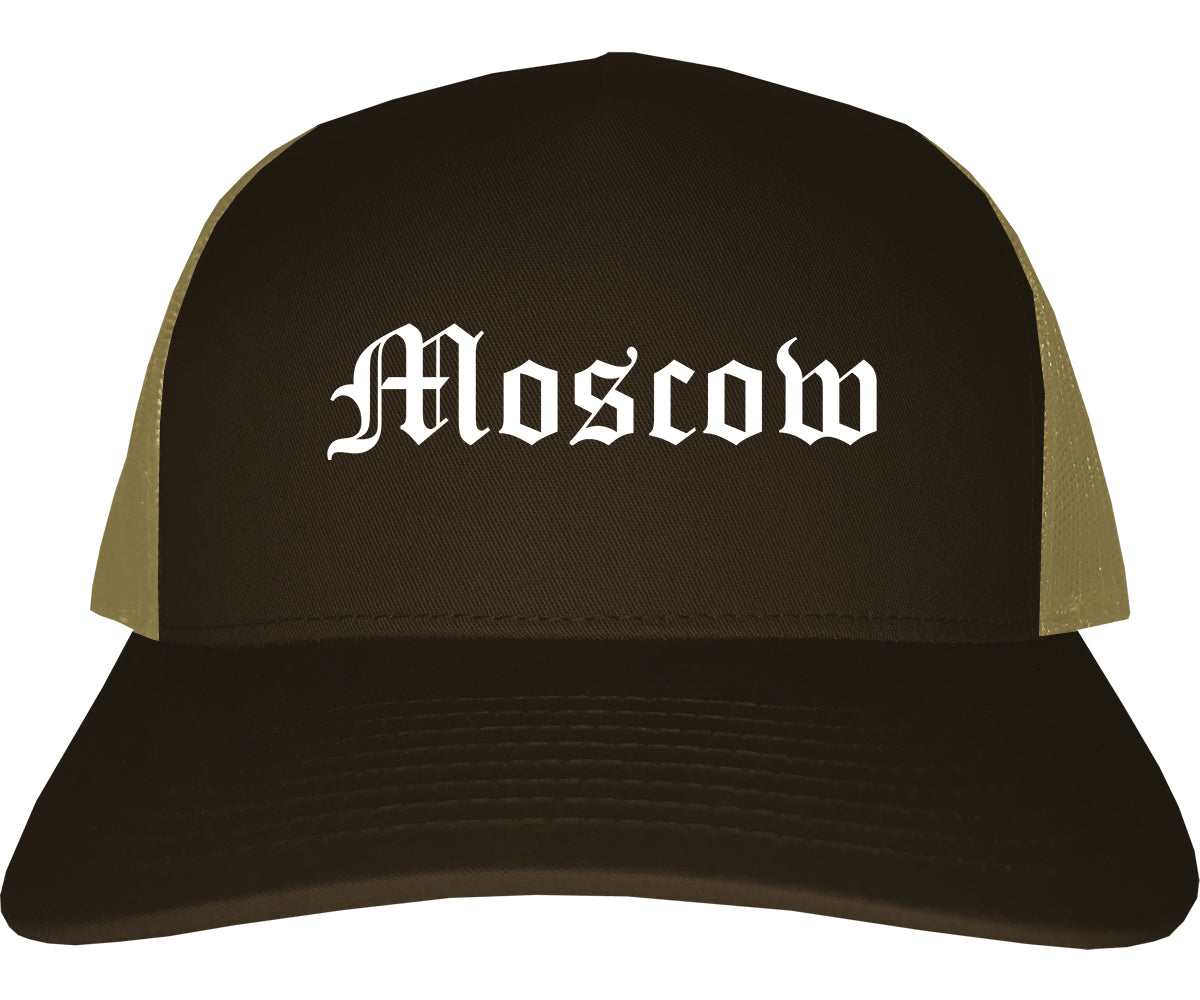 Moscow Idaho ID Old English Mens Trucker Hat Cap Brown