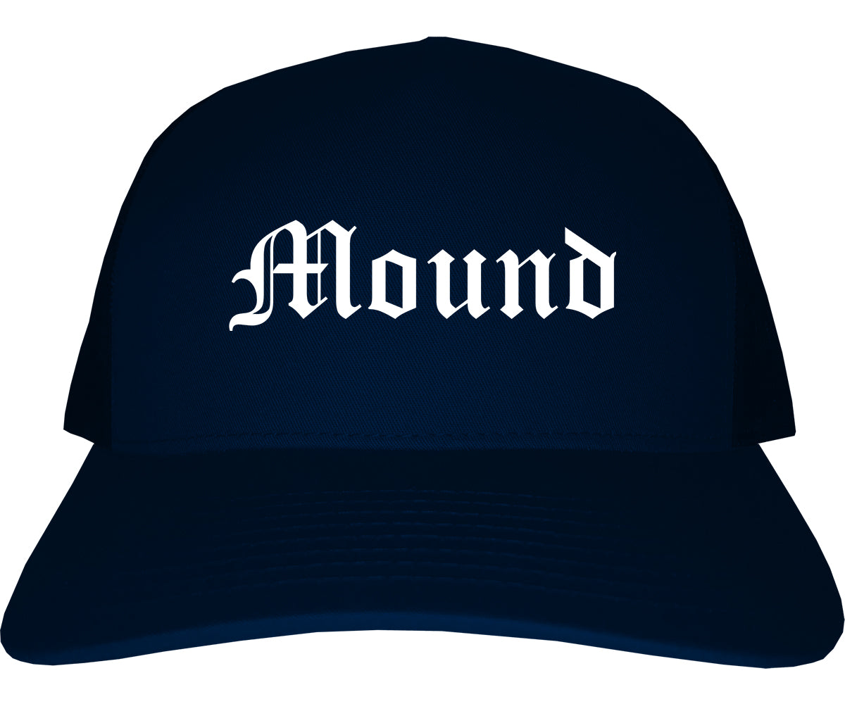Mound Minnesota MN Old English Mens Trucker Hat Cap Navy Blue