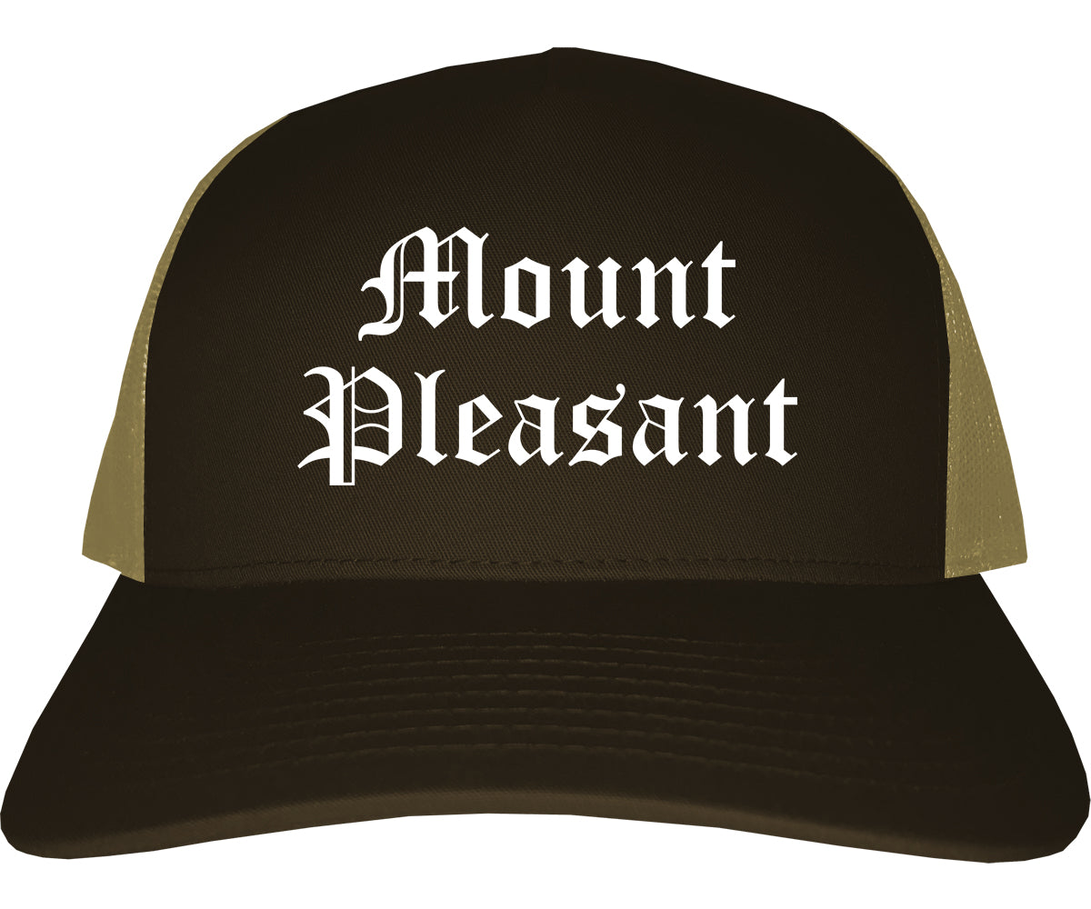 Mount Pleasant Iowa IA Old English Mens Trucker Hat Cap Brown