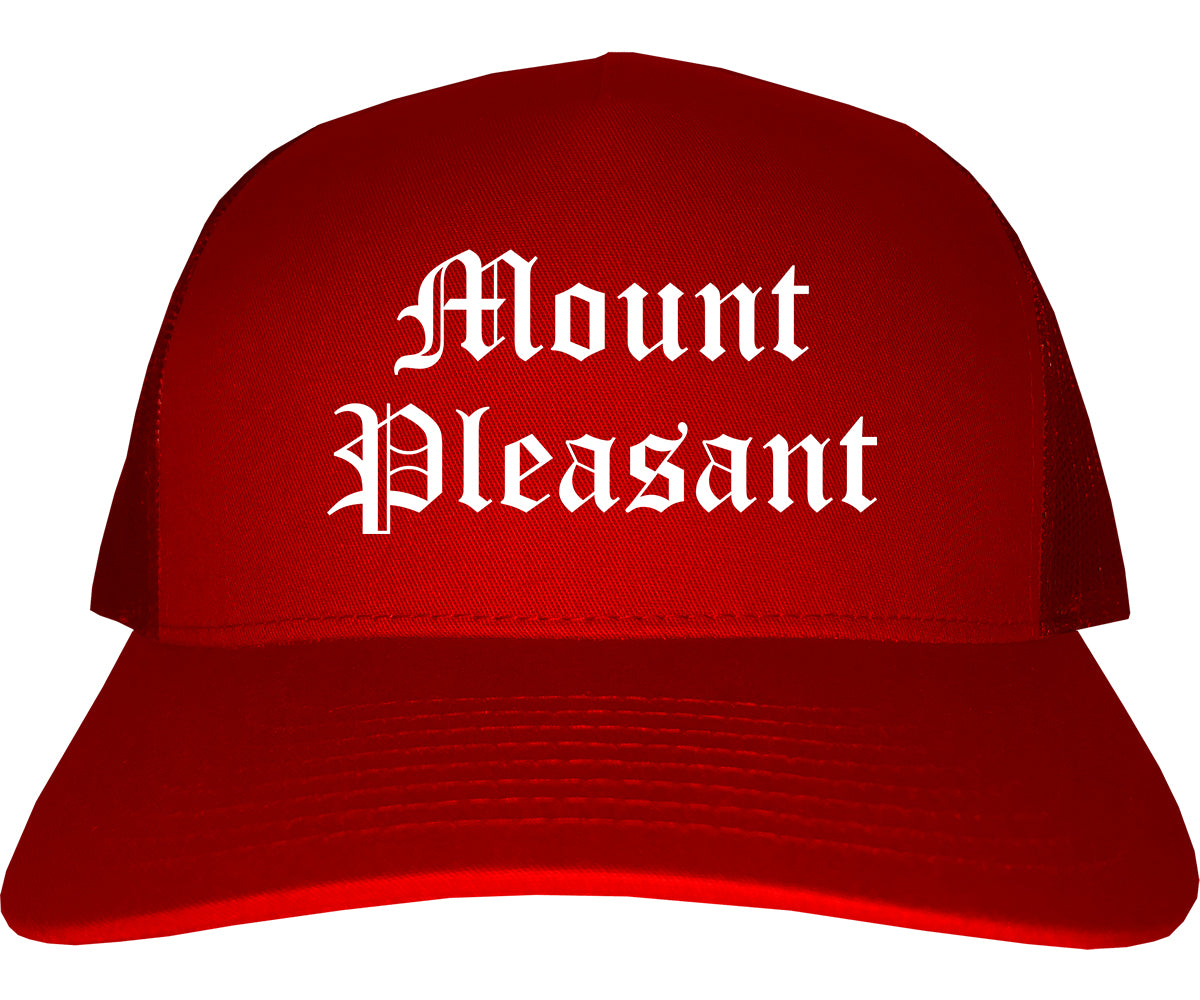 Mount Pleasant Iowa IA Old English Mens Trucker Hat Cap Red