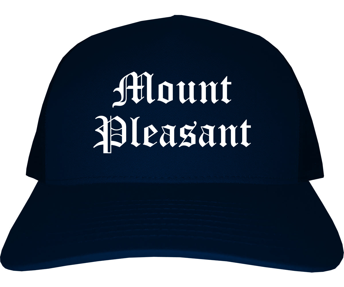 Mount Pleasant Michigan MI Old English Mens Trucker Hat Cap Navy Blue