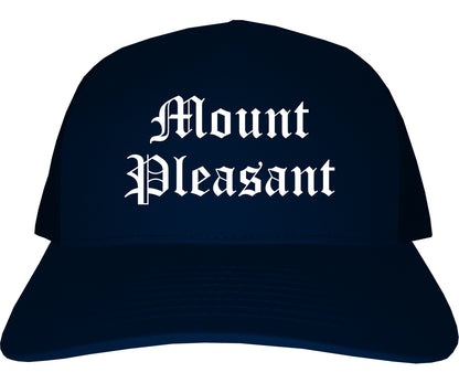 Mount Pleasant Michigan MI Old English Mens Trucker Hat Cap Navy Blue