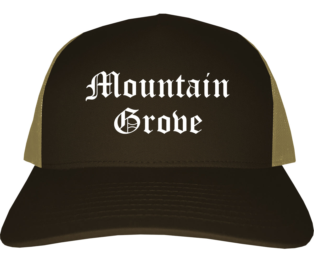 Mountain Grove Missouri MO Old English Mens Trucker Hat Cap Brown
