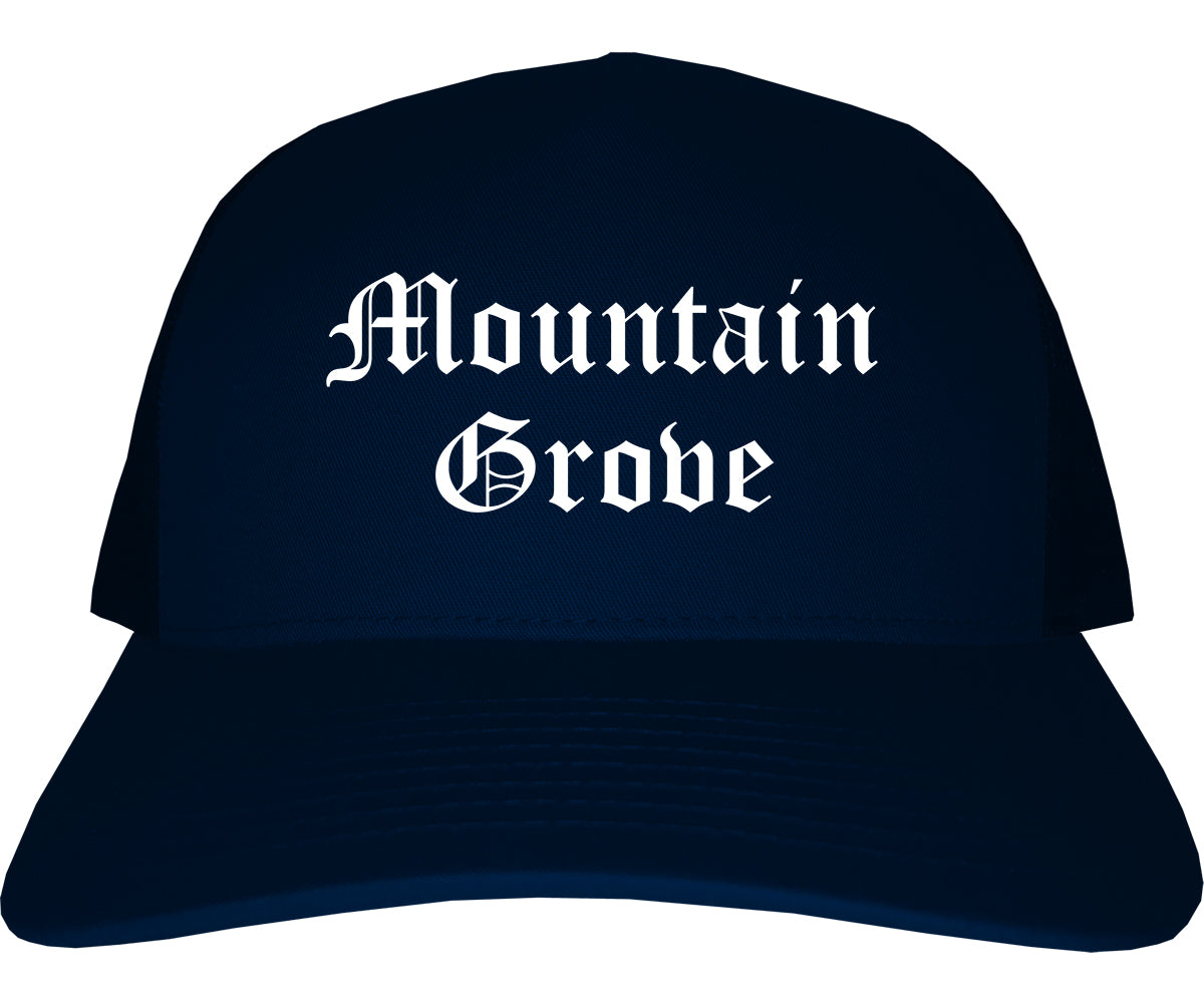 Mountain Grove Missouri MO Old English Mens Trucker Hat Cap Navy Blue