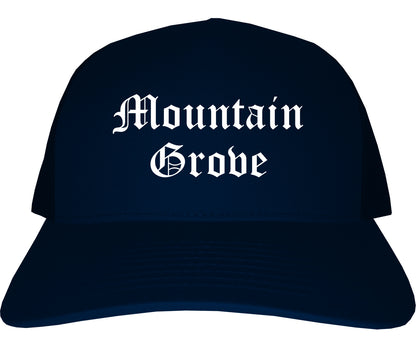 Mountain Grove Missouri MO Old English Mens Trucker Hat Cap Navy Blue