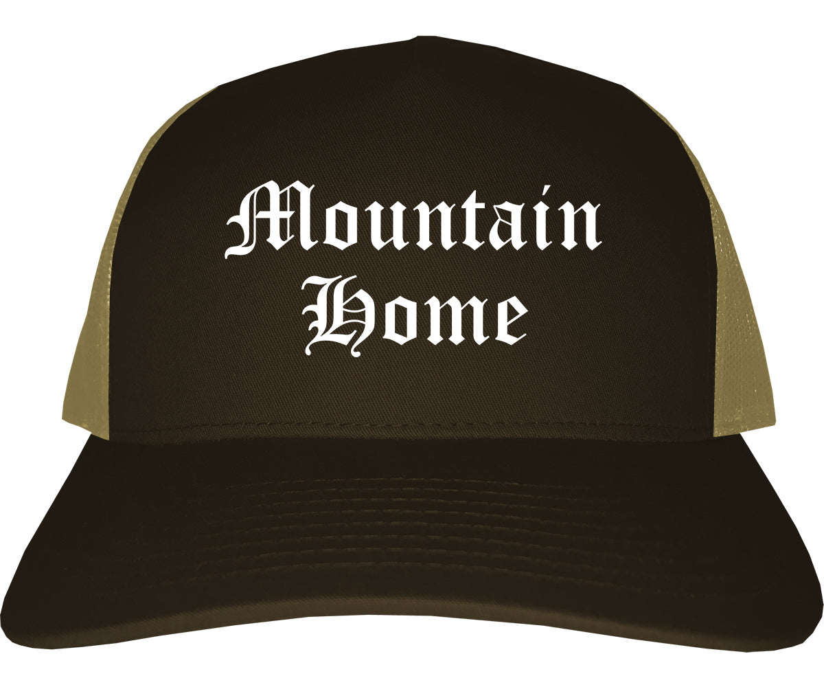 Mountain Home Arkansas AR Old English Mens Trucker Hat Cap Brown