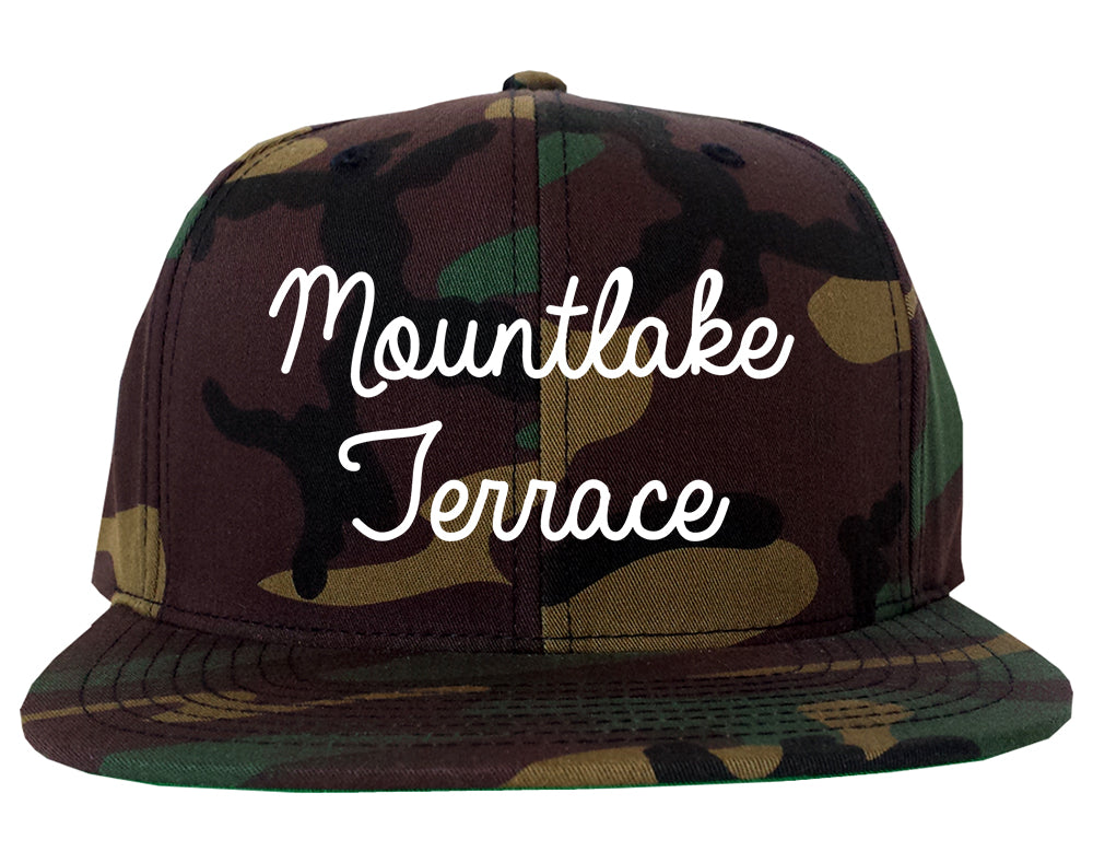 Mountlake Terrace Washington WA Script Mens Snapback Hat Army Camo