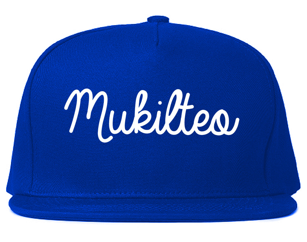 Mukilteo Washington WA Script Mens Snapback Hat Royal Blue