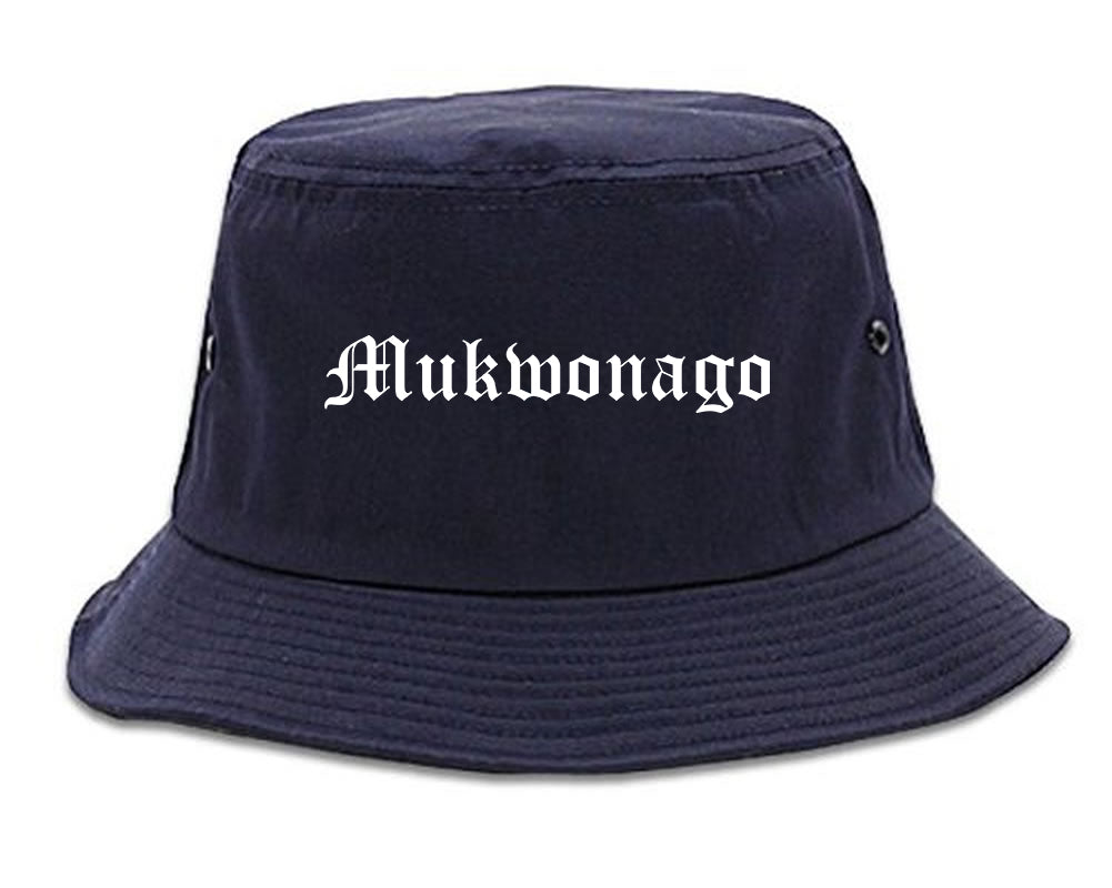 Mukwonago Wisconsin WI Old English Mens Bucket Hat Navy Blue