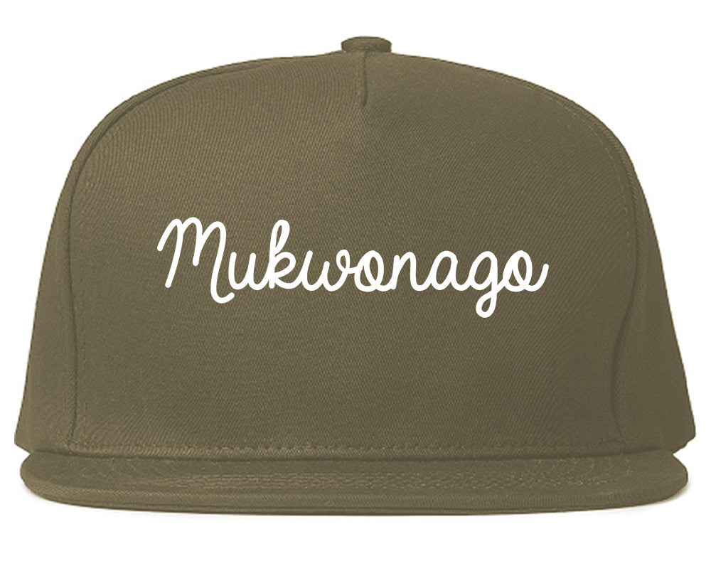 Mukwonago Wisconsin WI Script Mens Snapback Hat Grey