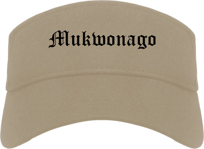 Mukwonago Wisconsin WI Old English Mens Visor Cap Hat Khaki