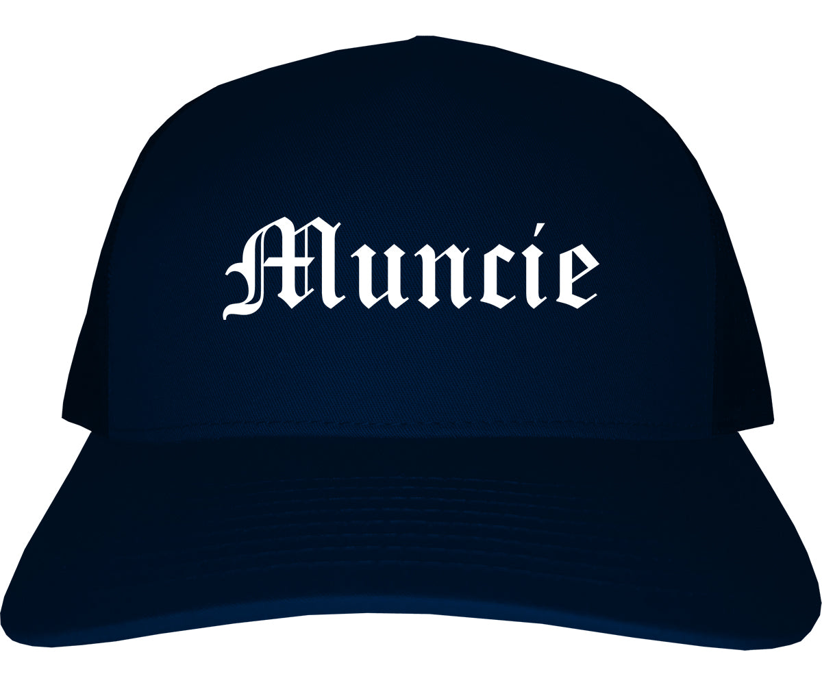 Muncie Indiana IN Old English Mens Trucker Hat Cap Navy Blue