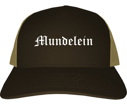 Mundelein Illinois IL Old English Mens Trucker Hat Cap Brown