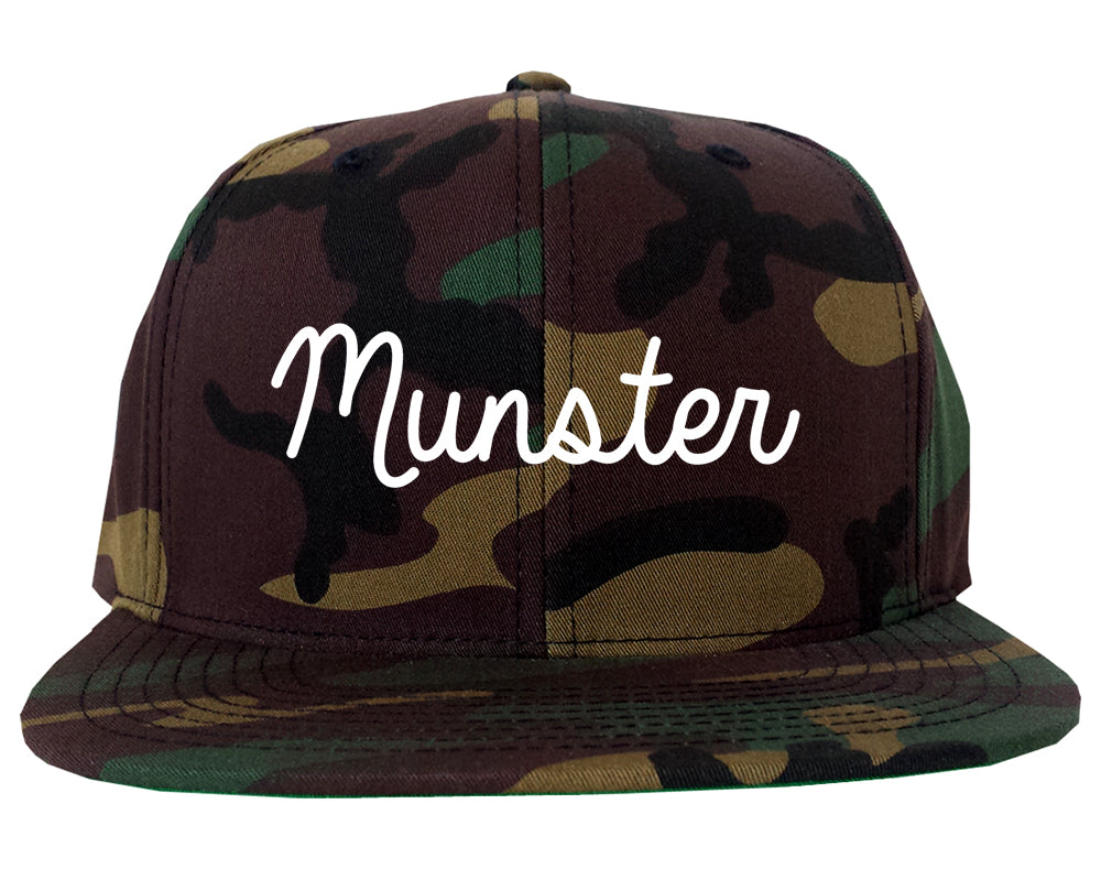 Munster Indiana IN Script Mens Snapback Hat Army Camo