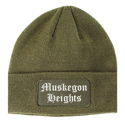 Muskegon Heights Michigan MI Old English Mens Knit Beanie Hat Cap Olive Green