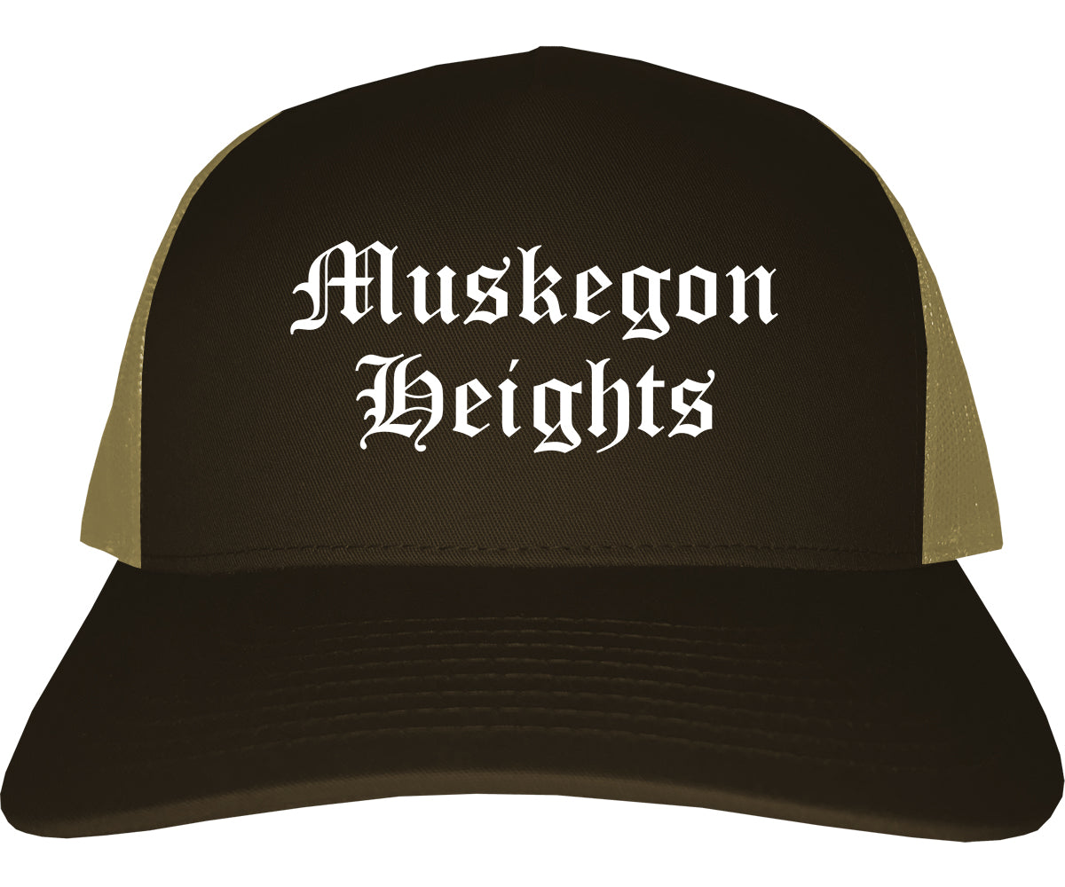 Muskegon Heights Michigan MI Old English Mens Trucker Hat Cap Brown