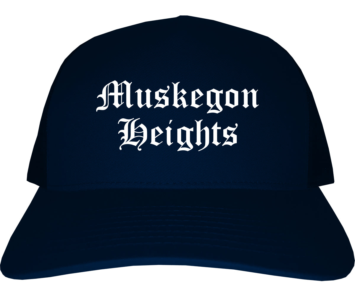 Muskegon Heights Michigan MI Old English Mens Trucker Hat Cap Navy Blue