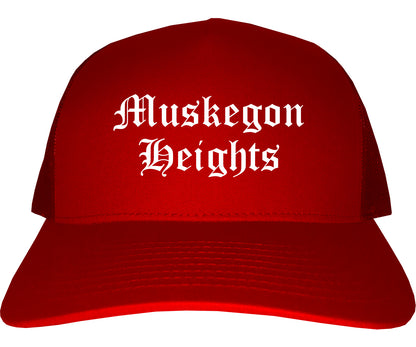 Muskegon Heights Michigan MI Old English Mens Trucker Hat Cap Red