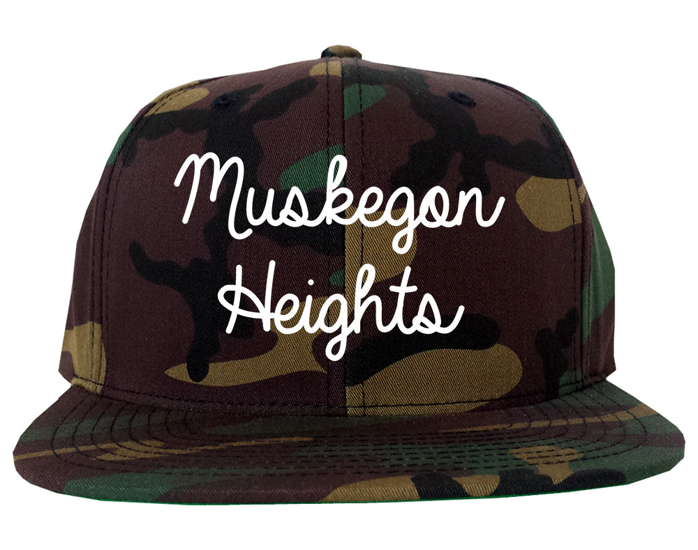 Muskegon Heights Michigan MI Script Mens Snapback Hat Army Camo