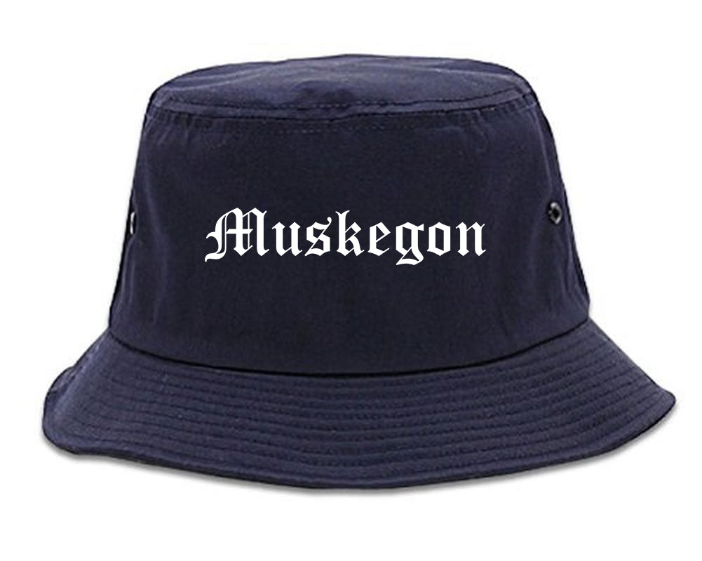 Muskegon Michigan MI Old English Mens Bucket Hat Navy Blue
