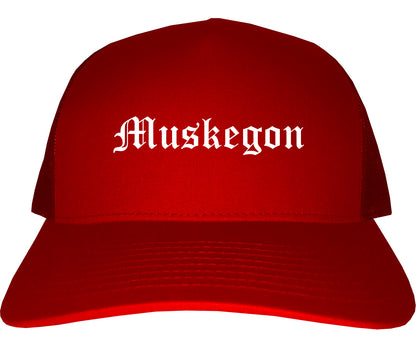 Muskegon Michigan MI Old English Mens Trucker Hat Cap Red