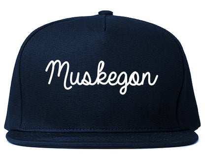Muskegon Michigan MI Script Mens Snapback Hat Navy Blue