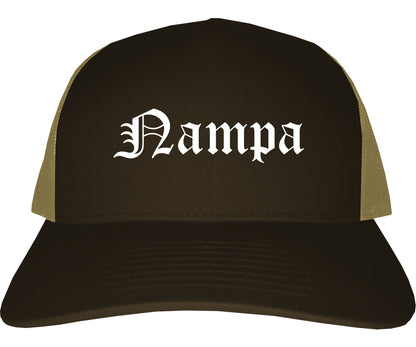Nampa Idaho ID Old English Mens Trucker Hat Cap Brown