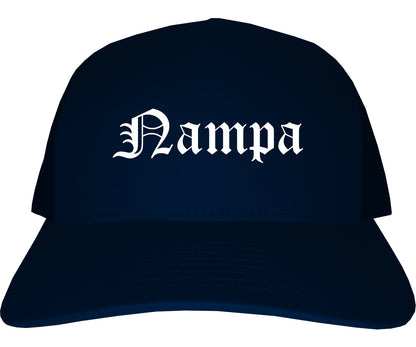Nampa Idaho ID Old English Mens Trucker Hat Cap Navy Blue