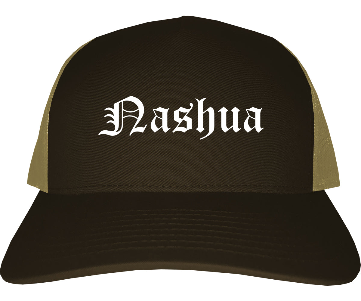 Nashua New Hampshire NH Old English Mens Trucker Hat Cap Brown