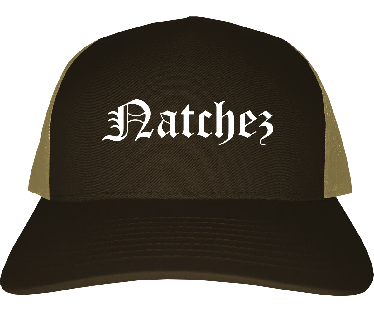 Natchez Mississippi MS Old English Mens Trucker Hat Cap Brown