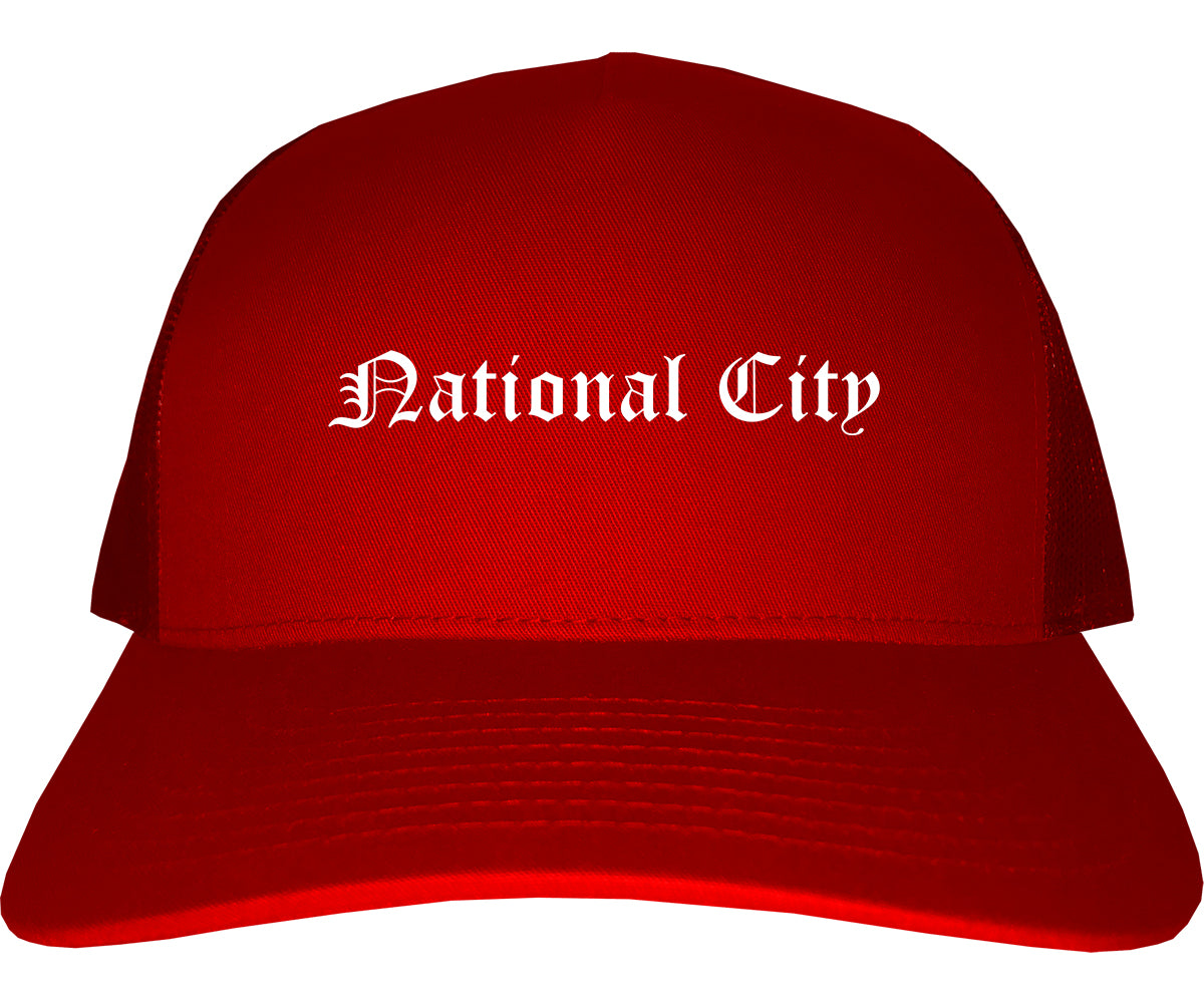 National City California CA Old English Mens Trucker Hat Cap Red