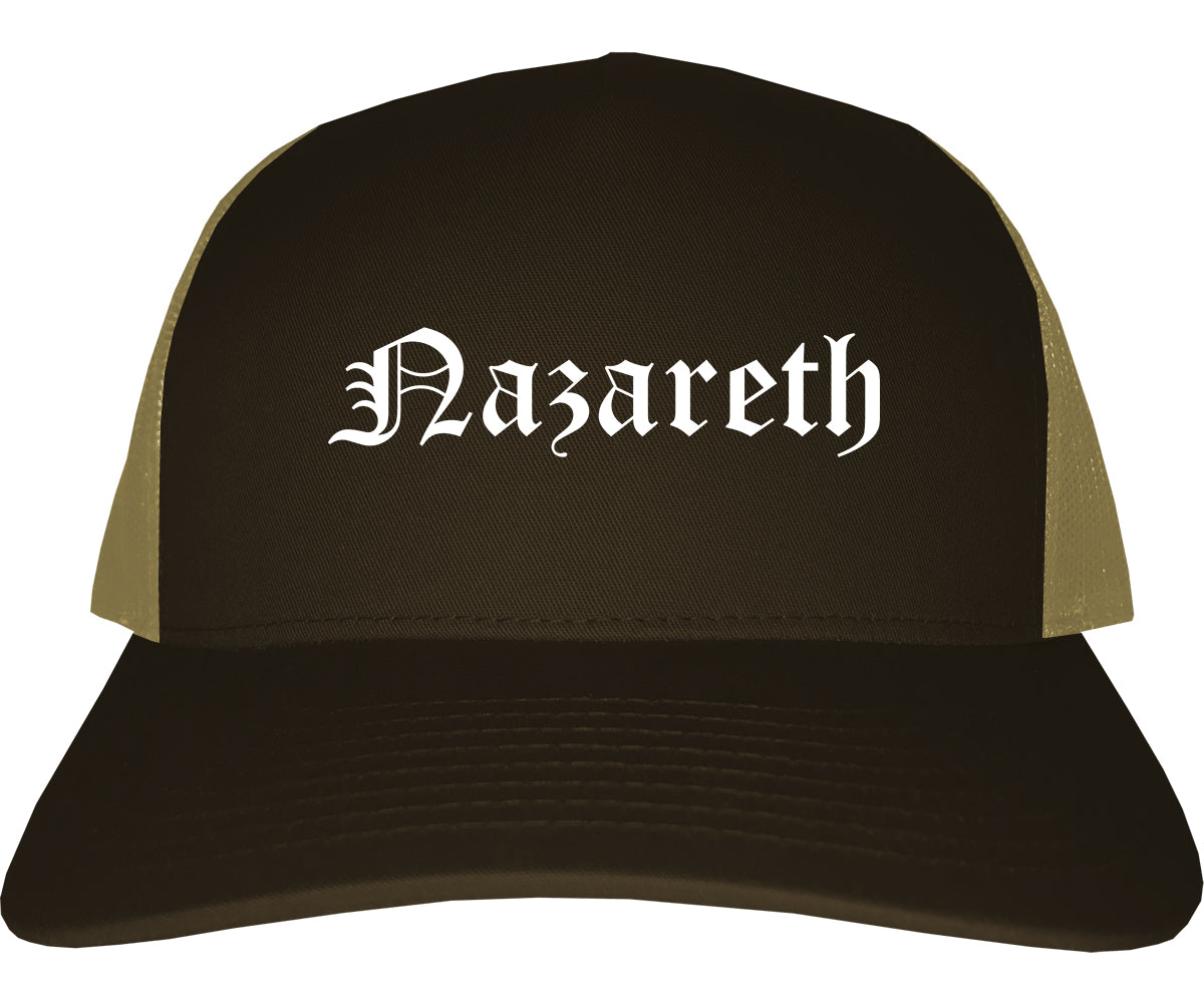 Nazareth Pennsylvania PA Old English Mens Trucker Hat Cap Brown