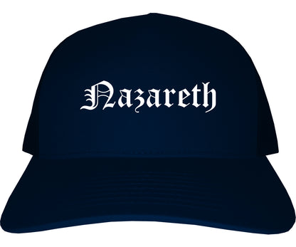 Nazareth Pennsylvania PA Old English Mens Trucker Hat Cap Navy Blue