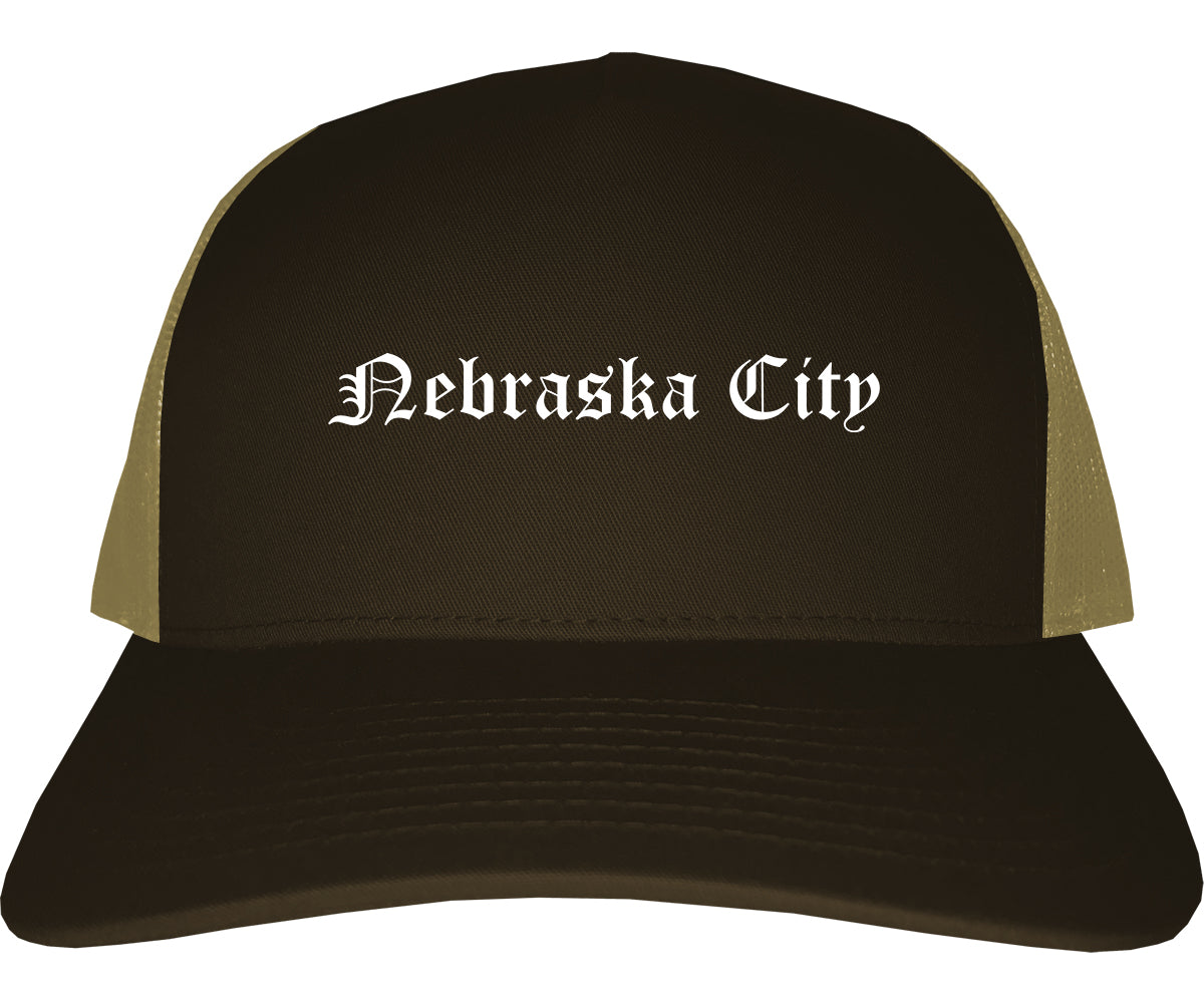 Nebraska City Nebraska NE Old English Mens Trucker Hat Cap Brown