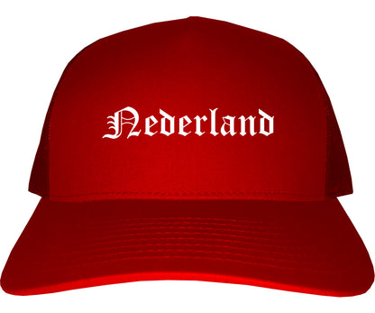 Nederland Texas TX Old English Mens Trucker Hat Cap Red