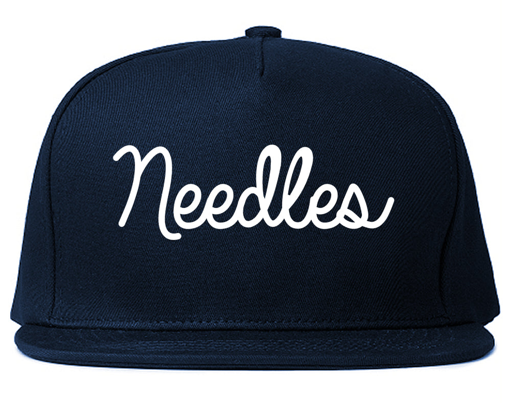 Needles California CA Script Mens Snapback Hat Navy Blue
