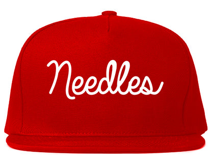 Needles California CA Script Mens Snapback Hat Red