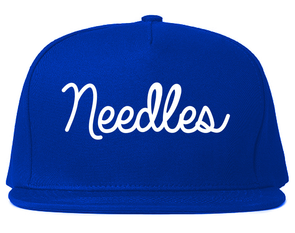 Needles California CA Script Mens Snapback Hat Royal Blue