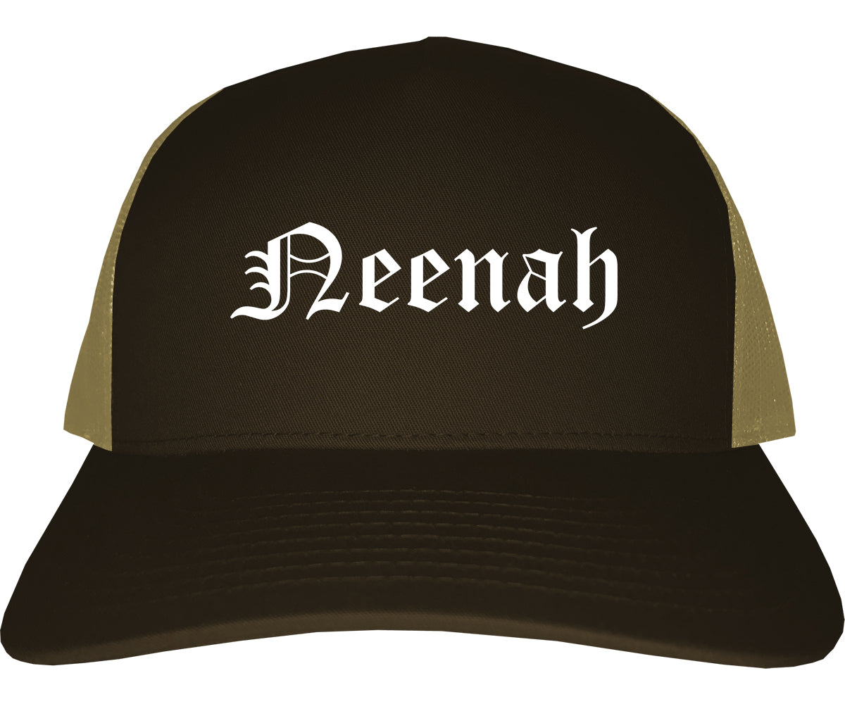 Neenah Wisconsin WI Old English Mens Trucker Hat Cap Brown