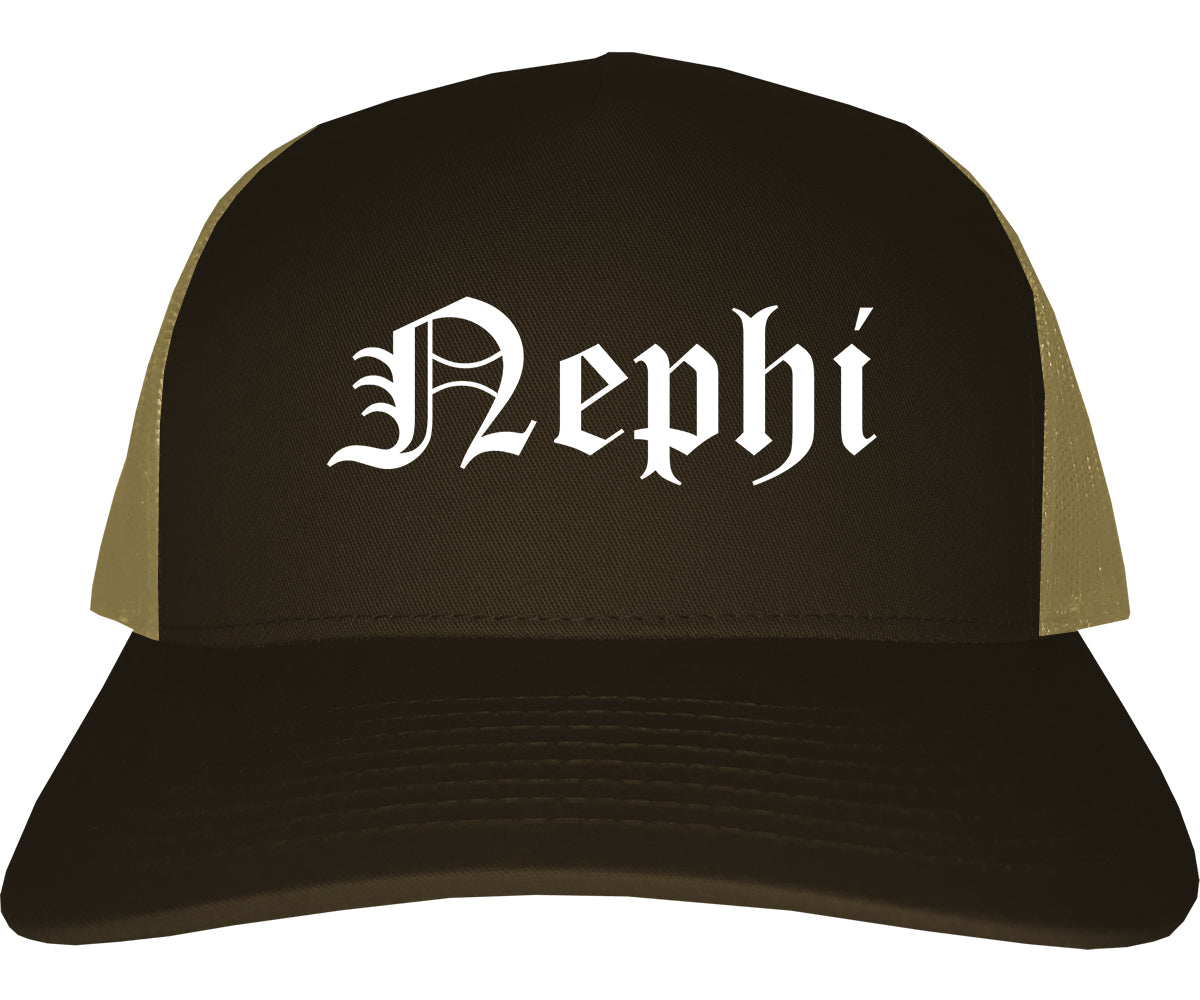 Nephi Utah UT Old English Mens Trucker Hat Cap Brown