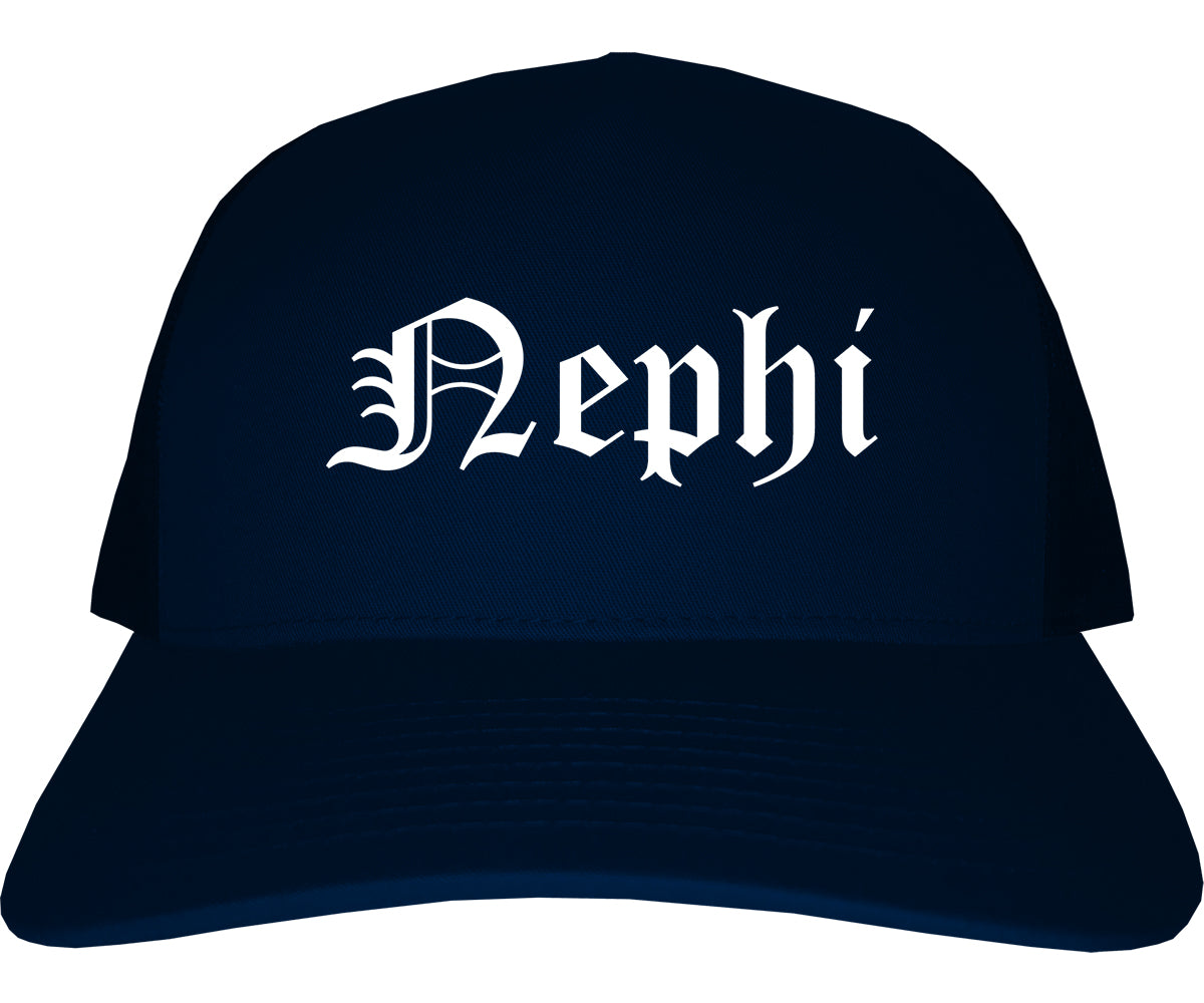 Nephi Utah UT Old English Mens Trucker Hat Cap Navy Blue