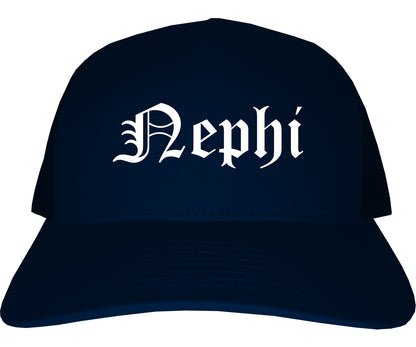 Nephi Utah UT Old English Mens Trucker Hat Cap Navy Blue