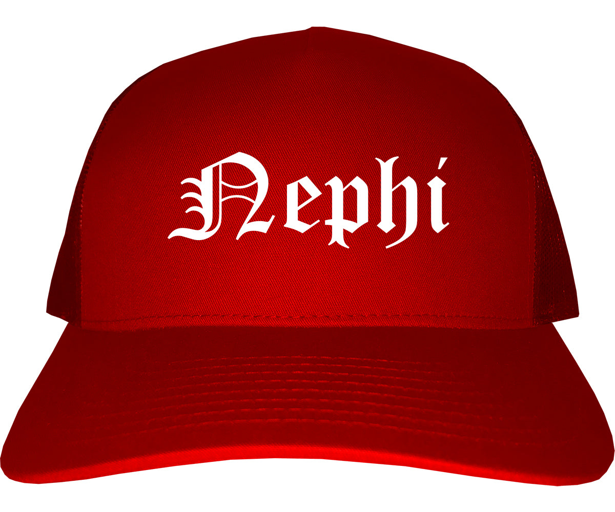 Nephi Utah UT Old English Mens Trucker Hat Cap Red