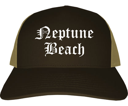 Neptune Beach Florida FL Old English Mens Trucker Hat Cap Brown
