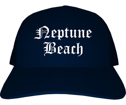 Neptune Beach Florida FL Old English Mens Trucker Hat Cap Navy Blue