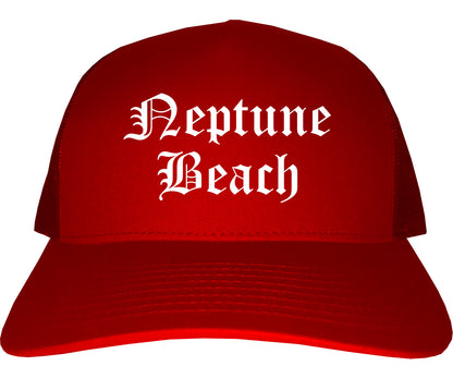 Neptune Beach Florida FL Old English Mens Trucker Hat Cap Red
